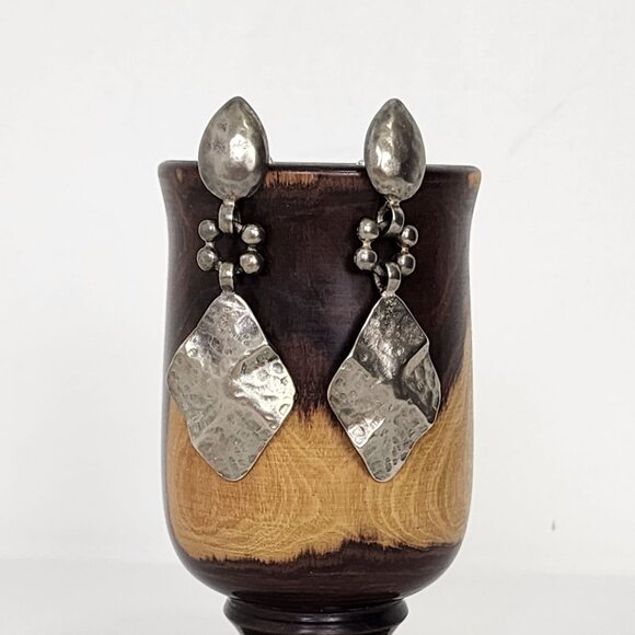 VTG Hammered Silver Brutalist Drop Earrings Artistic Unique VTG Drk Boho Grunge - Picture 2 of 10